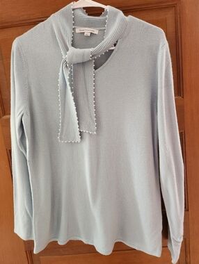 Mercer Street Studio Light Blue Pearl-Trim Ribbed Sweater